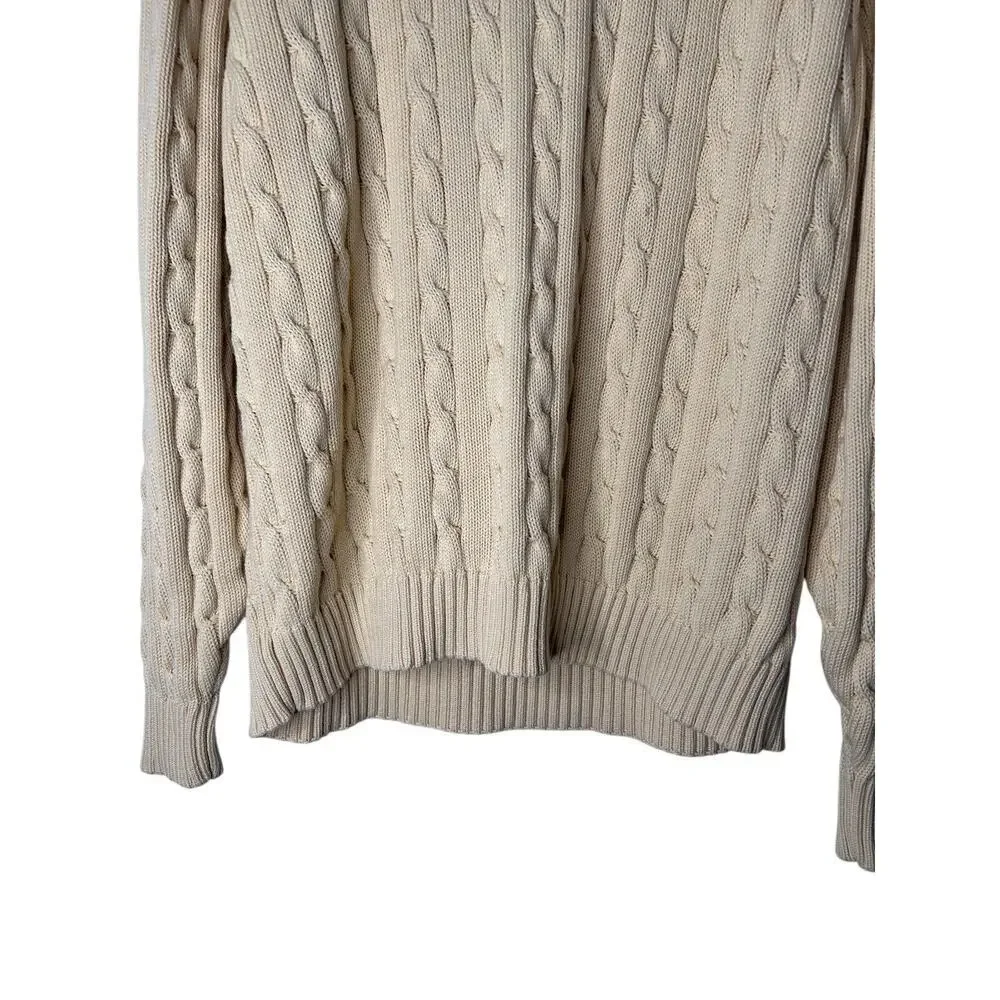 Lands End Men's‎ Sweater Beige Large 42/44 Cable Knit Fisherman Long Sleeve